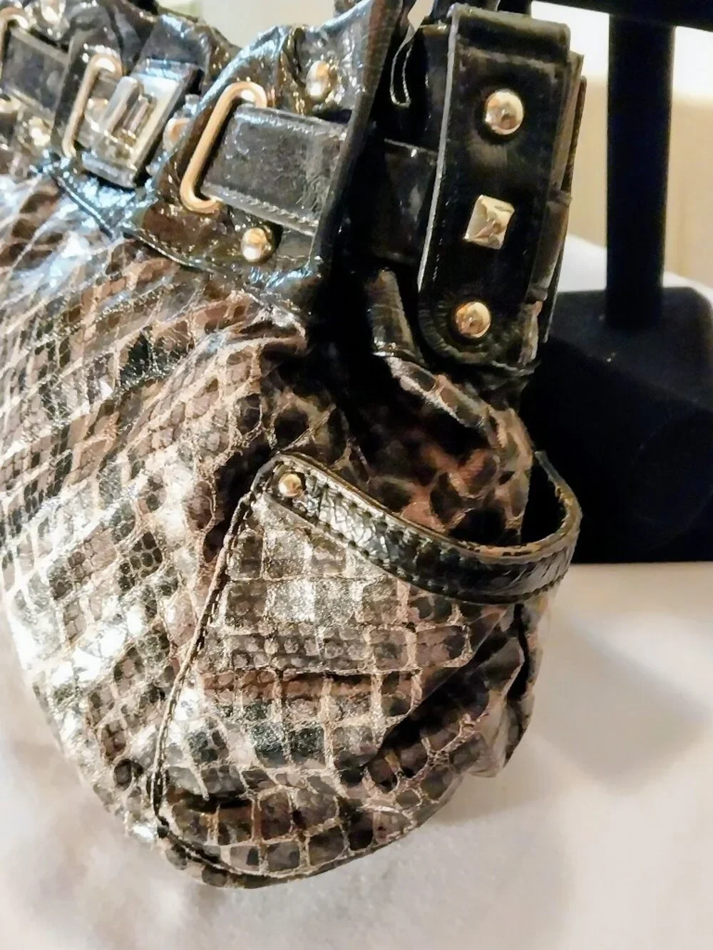 VTG Kathy Van Zeeland  Croc Leopard Snake Print Mixed Media Hobo Shoulder Bag
